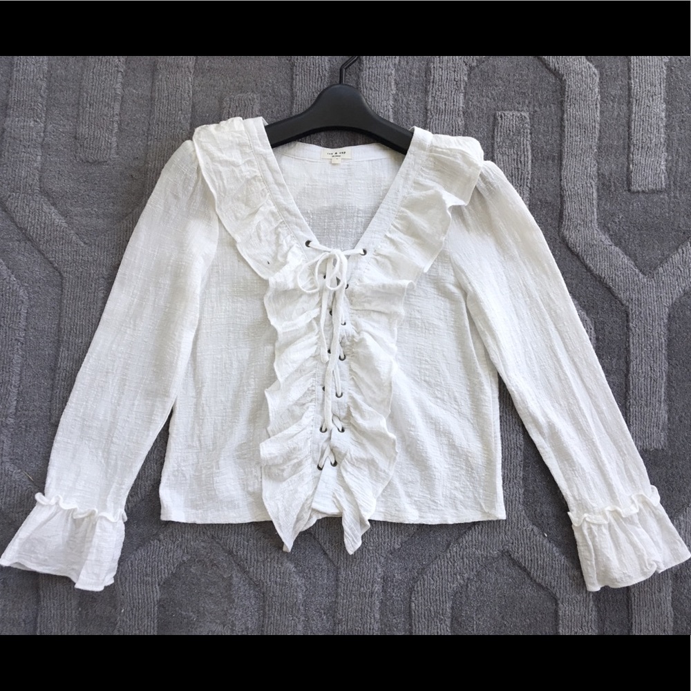 Tea & Cup Front Lace-up Ruffle Blouse 100% Cotton